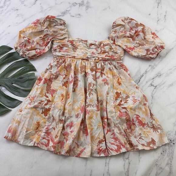 Abercrombie & Fitch Puff Sleeve Mini Dress Size M P Orange Pink Floral Pockets - Picture 1 of 12
